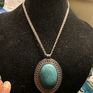 Large Vintage Turquoise Oval Silver Tone Pendant Necklace